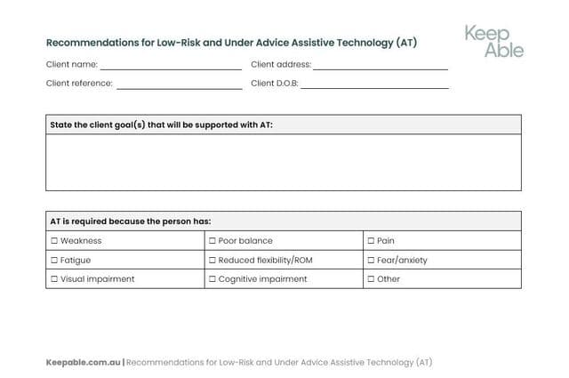 The first page of a template for recommending low-risk and under advice assistive technology