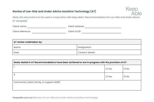 First page of a template for reviewing low-risk and under advice assistive technology