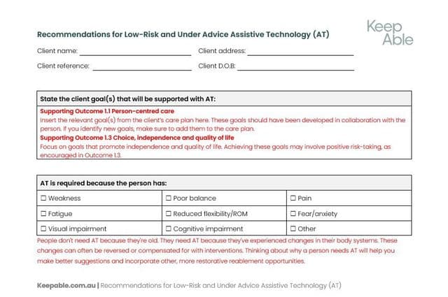 Front page of an exemplar template for recommending assistive technology