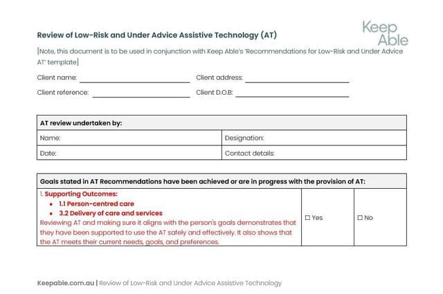 Front page of an exemplar template for reviewing assistive technology