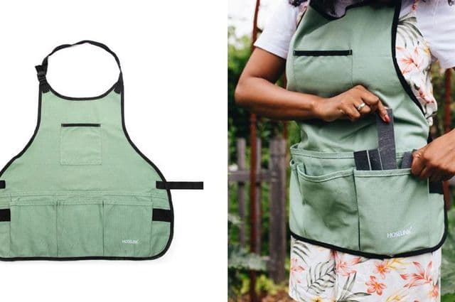 A green gardening apron and a woman wearing one