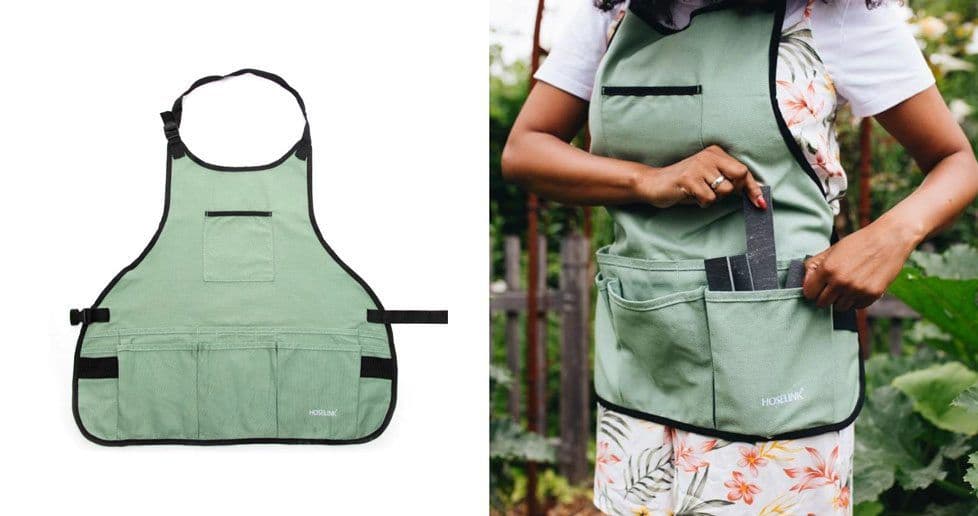 A green gardening apron and a woman wearing one