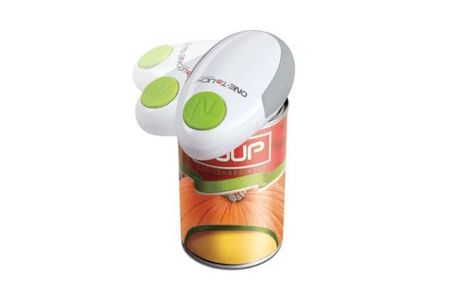An oval-shaped automatic can opener opening a can of soup