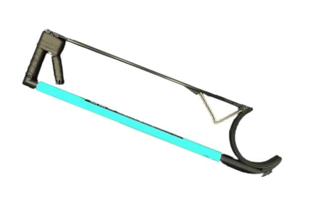 A blue and black device designed to help people roll lawn bowls