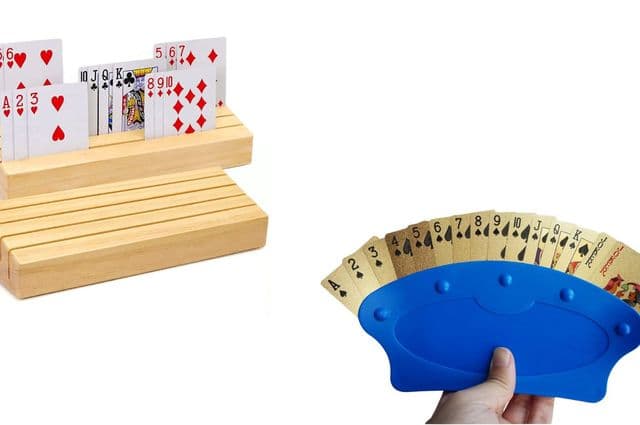 A wooden tabletop playing card holder and a blue handheld playing card holder