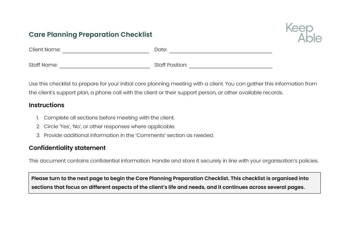 The front page of a preparation checklist for the care planning process