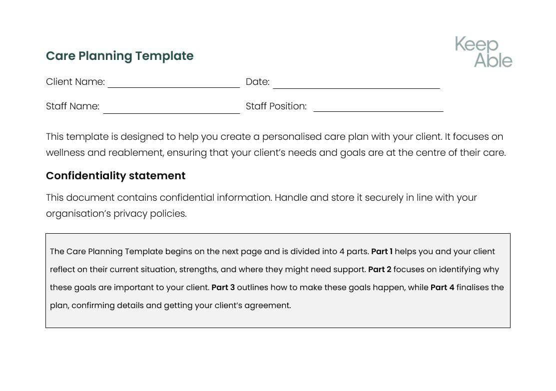 The front page of a care planning template to facilitate the care planning process