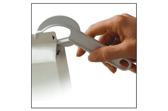 A long-handled device with rounded hooks on one end to help open cartons