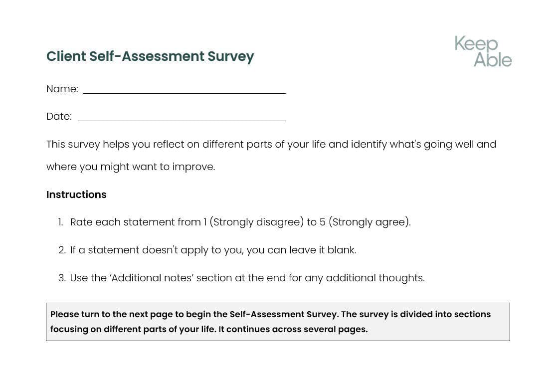 The front page of a Client Self-Assessment Survey for the care planning process