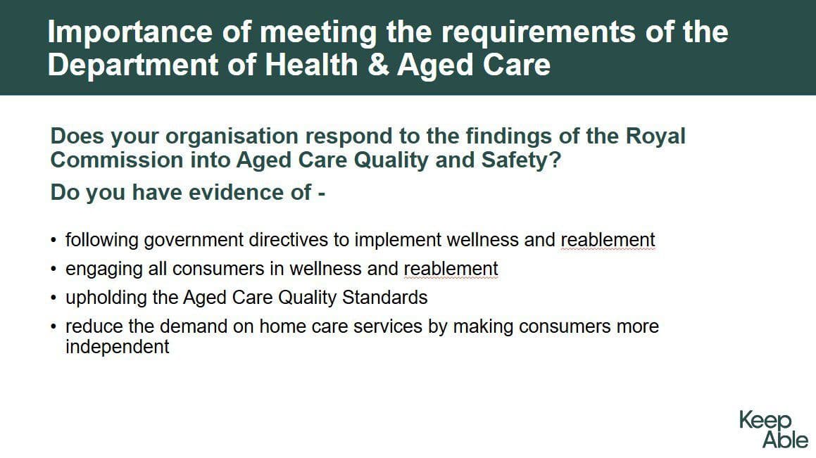 A slide from a PowerPoint presentation on wellness and reablement requirements in aged care