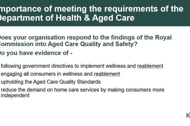 A slide from a PowerPoint presentation on wellness and reablement requirements in aged care