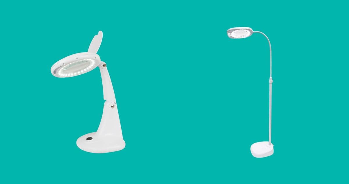 1 white desktop LED magnifying glass and 1 white floor LED magnifying glass