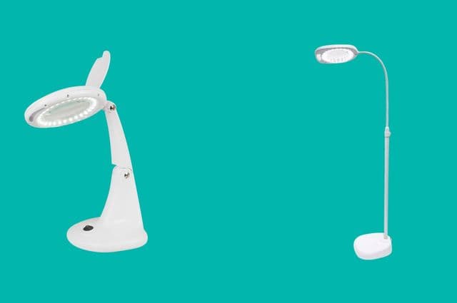 1 white desktop LED magnifying glass and 1 white floor LED magnifying glass