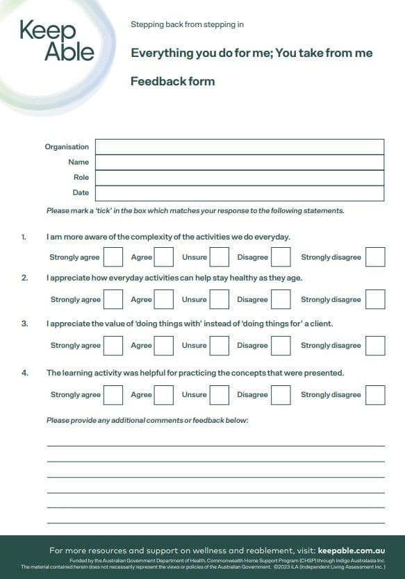 A screenshot of the front page of a feedback form for Everything you do for me, you take from me Bitesize session