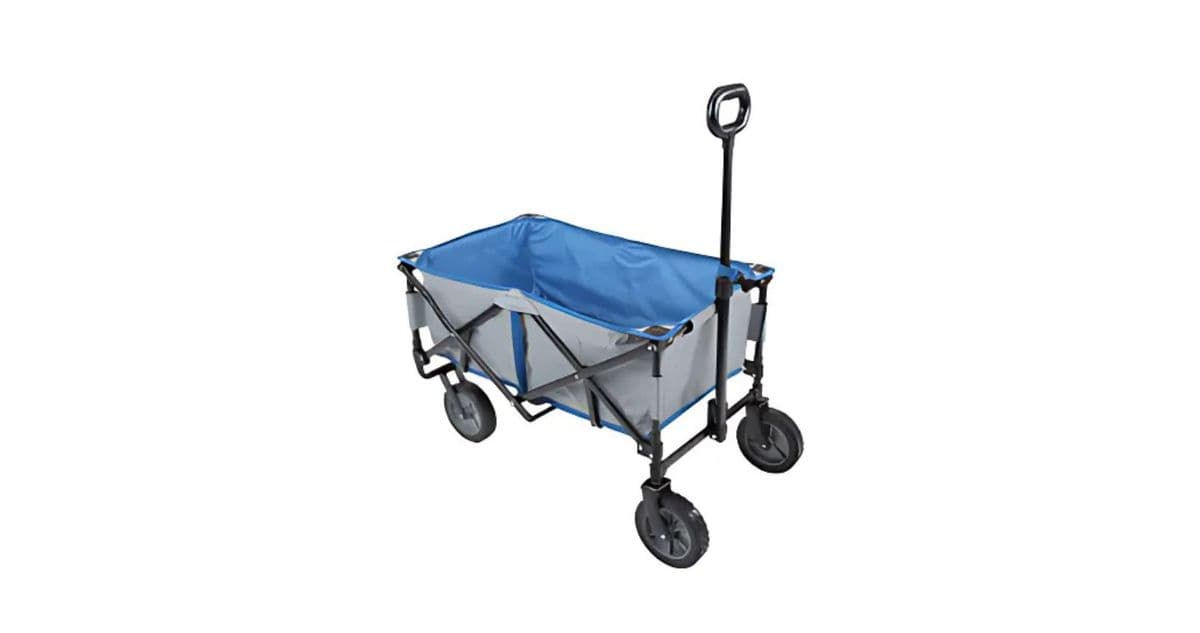 A foldable beach trolley with a long handle and heavy-duty wheels
