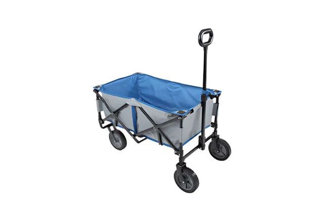 A foldable beach trolley with a long handle and heavy-duty wheels