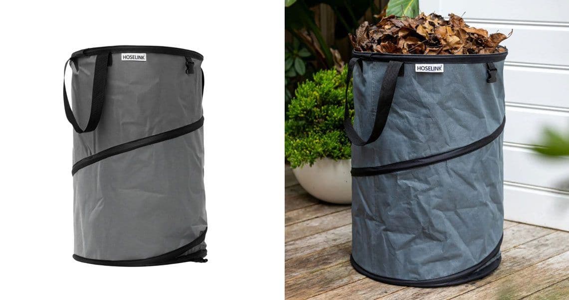 A collapsible waste bag and one filled with dead leaves