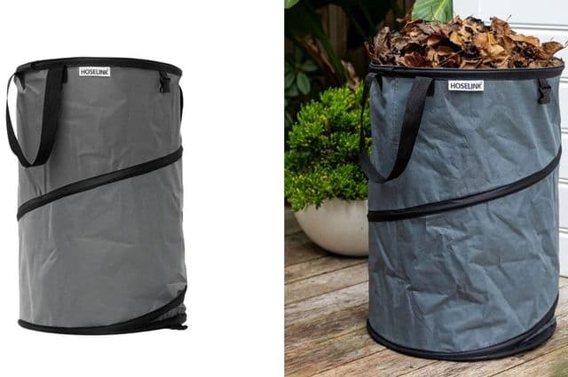 A collapsible waste bag and one filled with dead leaves