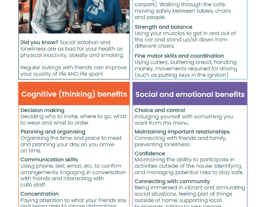 Leaflet explaining the healthy ageing benefits of going to a cafe with friends