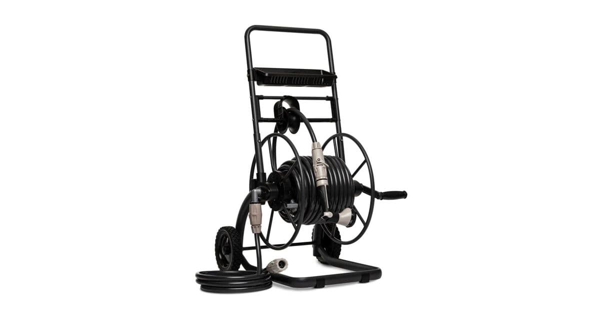 A black garden hose reel cart with wheels