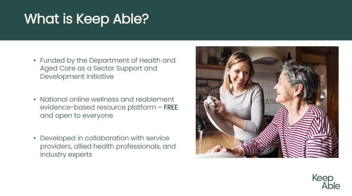 A slide from a PowerPoint presentation introducing Keep Able, a digital non-profit organisation