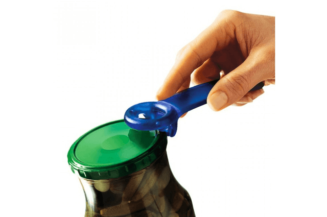 A blue jar key being used to open a green jar lid
