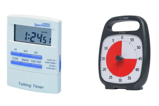 A talking timer and a timer with a colour-changing dial