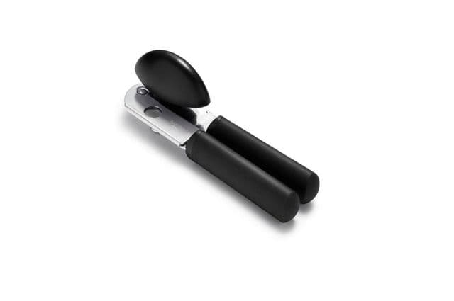 A can opener with large black handles