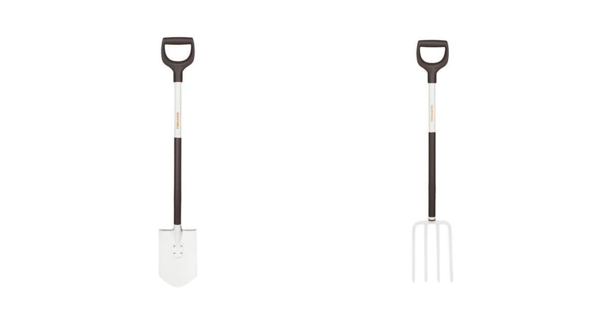A long-handled gardening spade and fork