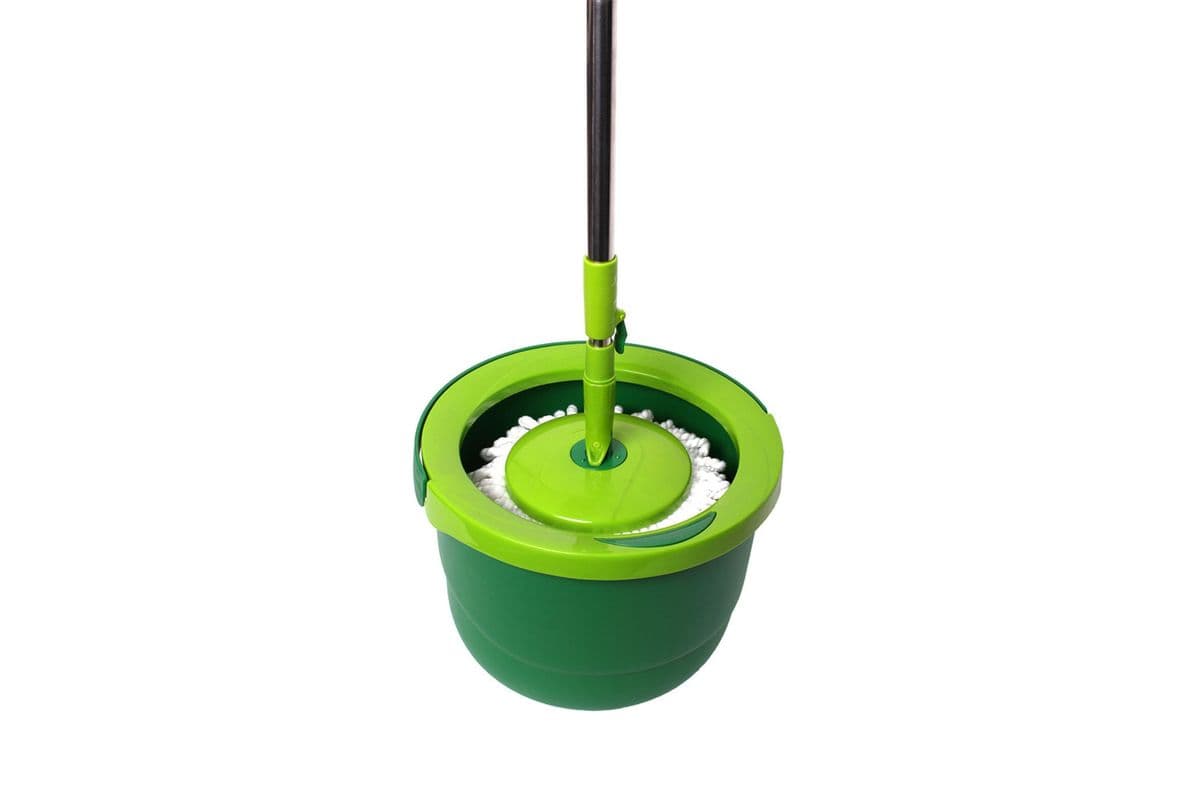 A green spin mop and bucket