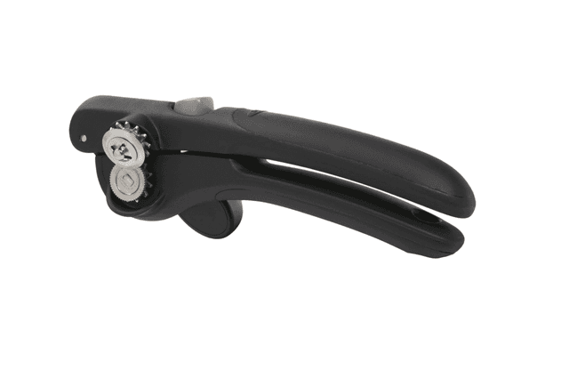 A black can opener with a locking mechanism