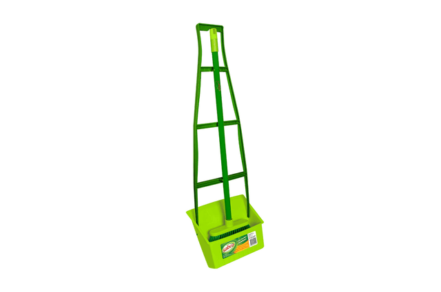 A green long-handled dustpan and broom