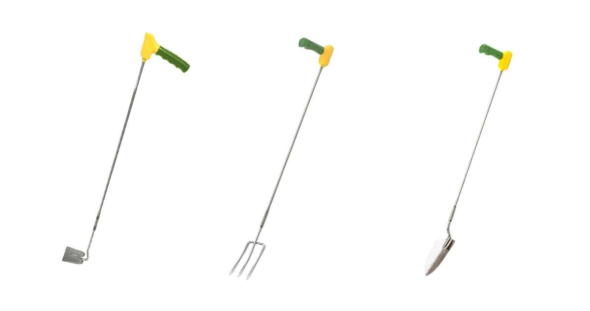 A long-handled fork, spade, and trowel with right-angled handles