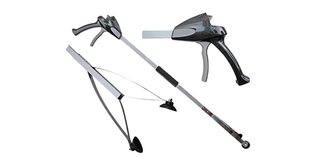 A long-handled reaching device with suction cups on the grabber