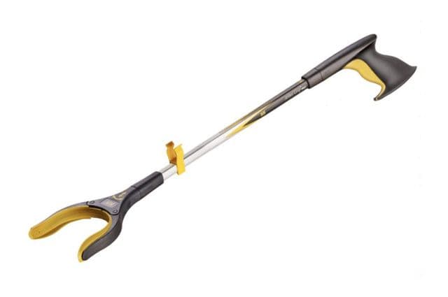 A long-handled reacher with a trigger on one end and a grabber mechanism on the other