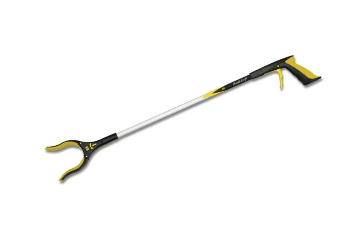 A black and yellow long-handled reacher