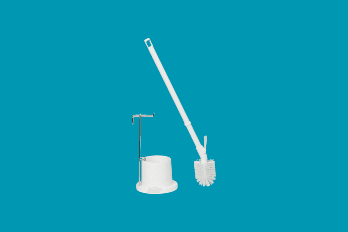 A white long-handled toilet brush