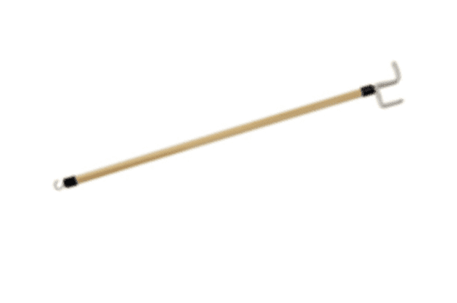 A dressing stick with hooks on the end designed to help pull up or push off clothing