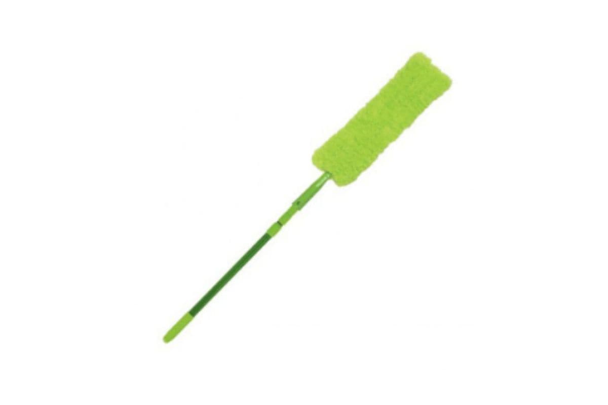 A green long-handled microfibre duster