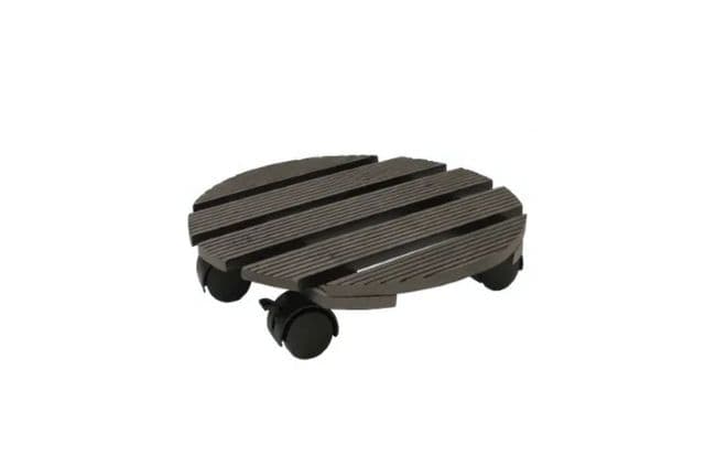 A circular black plant pot trolley