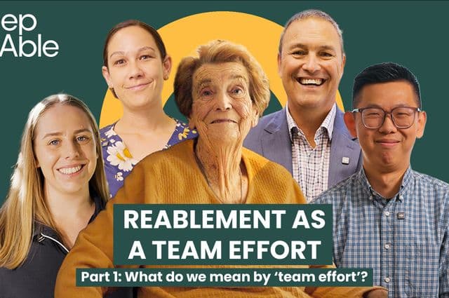 Older woman and her aged care team cut out against a bright and colourful backdrop.