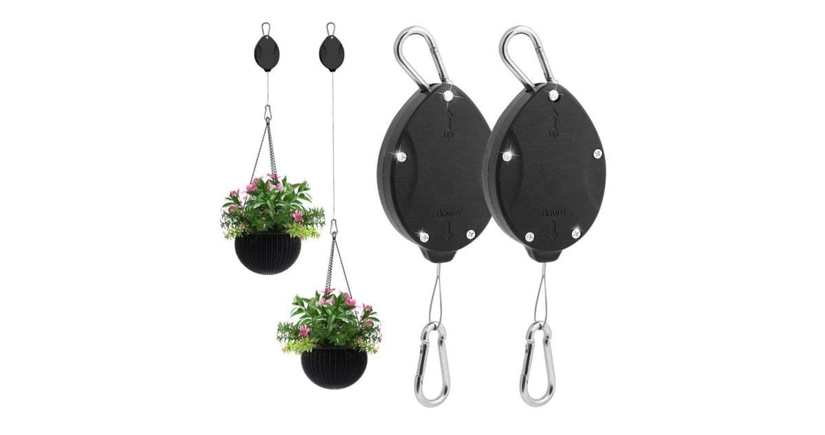 Two hanging planter baskets on retractable hooks