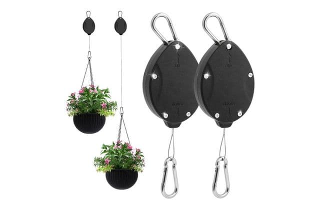 Two hanging planter baskets on retractable hooks
