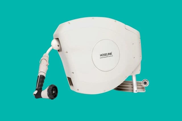 A white retractable hose reel