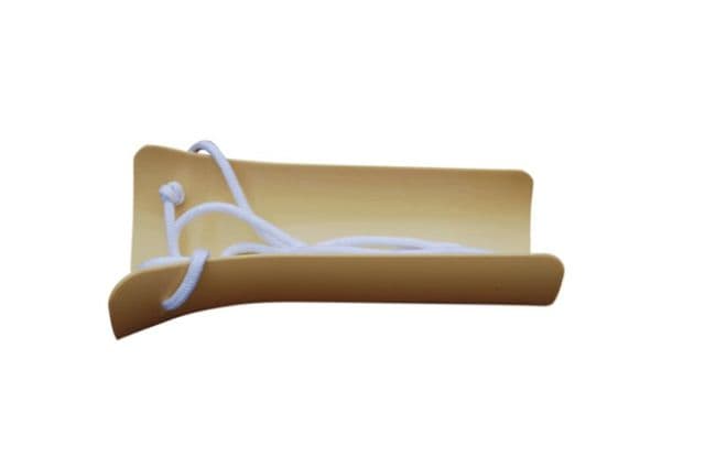 A rigid sock aid with a lightweight plastic gutter to help pull socks into place