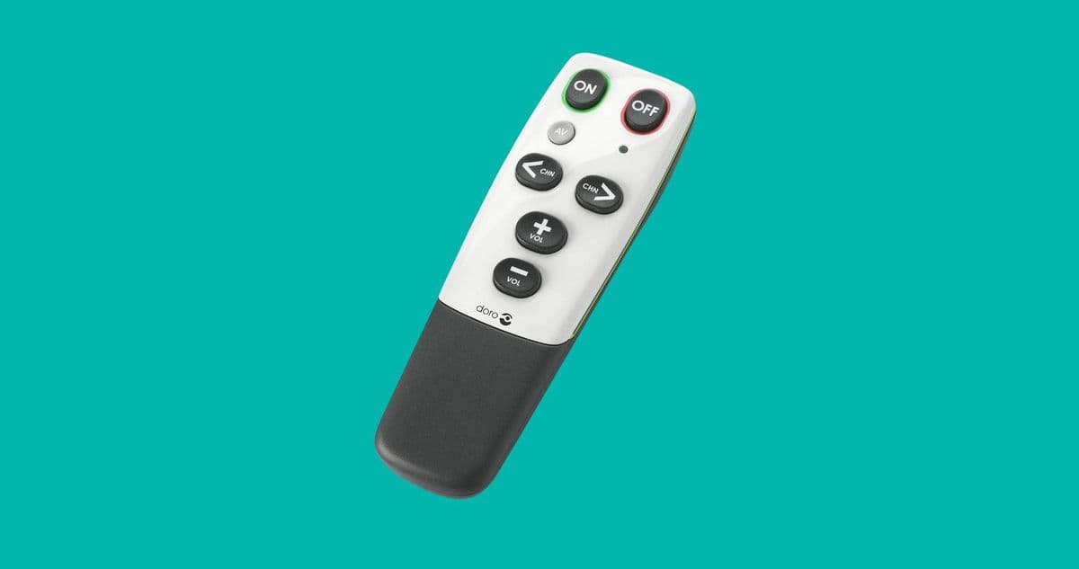A white TV remote with big black buttons