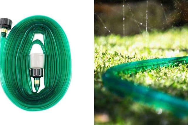 A coiled green soaker hose and one on the grass
