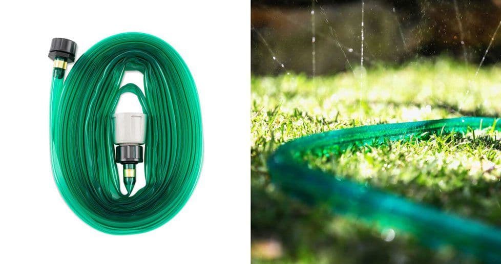 A coiled green soaker hose and one on the grass