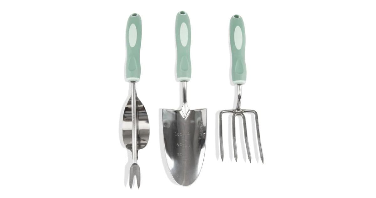 A handheld trowel, spade, and fork with green soft grip handles