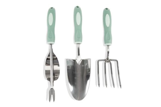 A handheld trowel, spade, and fork with green soft grip handles